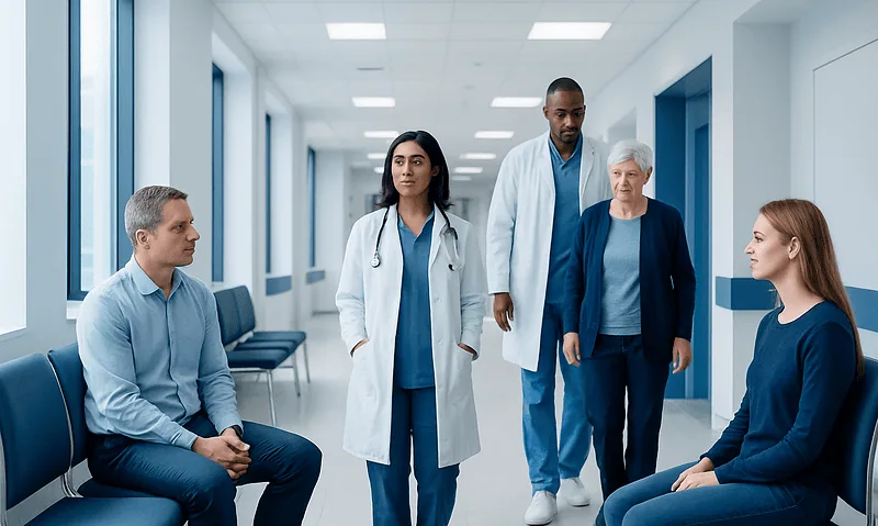 Medical team consulting with patients in a hospital corridor.