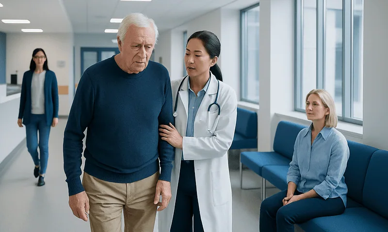 Doctor examining elderly patient in hospital corridor with staff and patient in background.