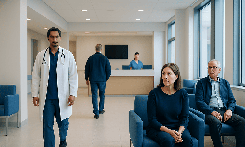 Medical professionals and patients in a hospital waiting area.