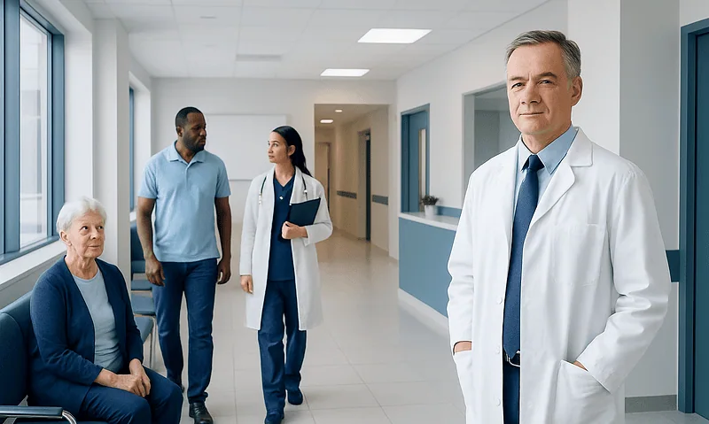 Medical team with patient in hospital corridor at Acibadem Hospitals Group.