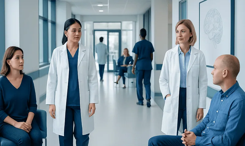 Medical team consulting patients in a hospital corridor.
