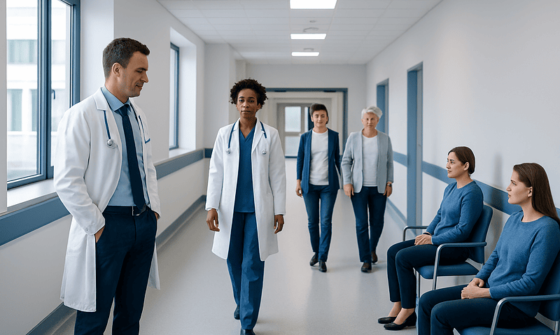 Medical team discussing patient care in hospital corridor.