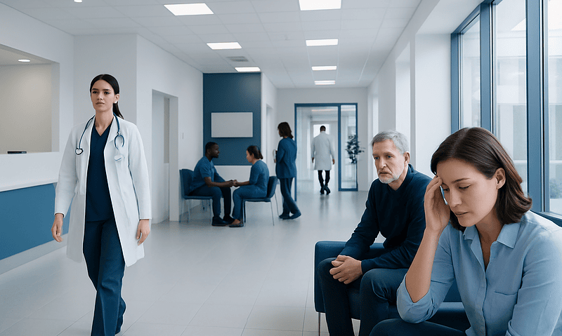 Hospital waiting area with medical staff and patients, modern and clean environment.