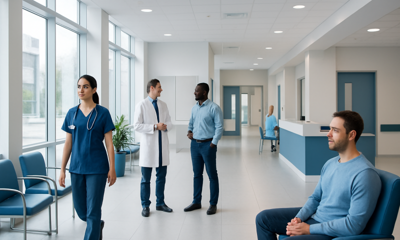 Modern hospital waiting area with medical staff and patients.