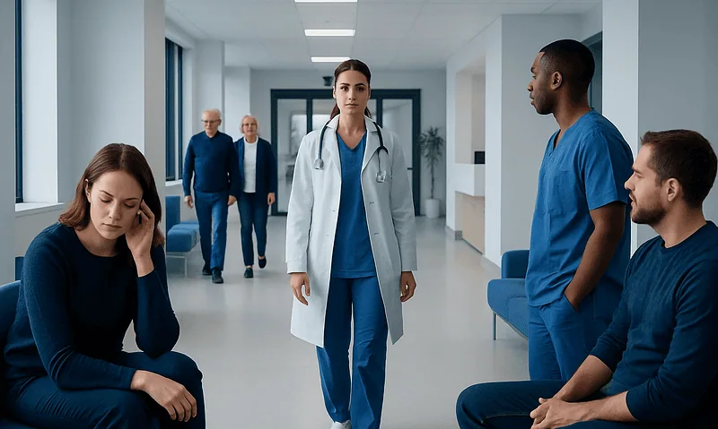 Hospital corridor with worried patients and medical staff.