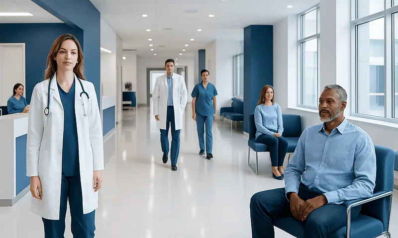 Healthcare professionals and patients in a modern hospital corridor.