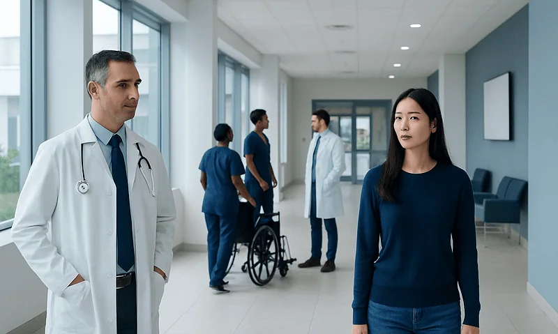 Medical professionals and patient in hospital corridor at Acibadem Hospitals Group.