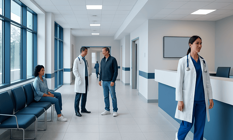 Modern hospital corridor with doctors and patient in a healthcare facility.