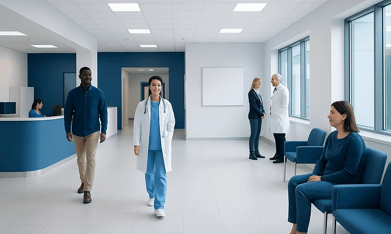 Modern hospital lobby with medical staff and patients waiting.