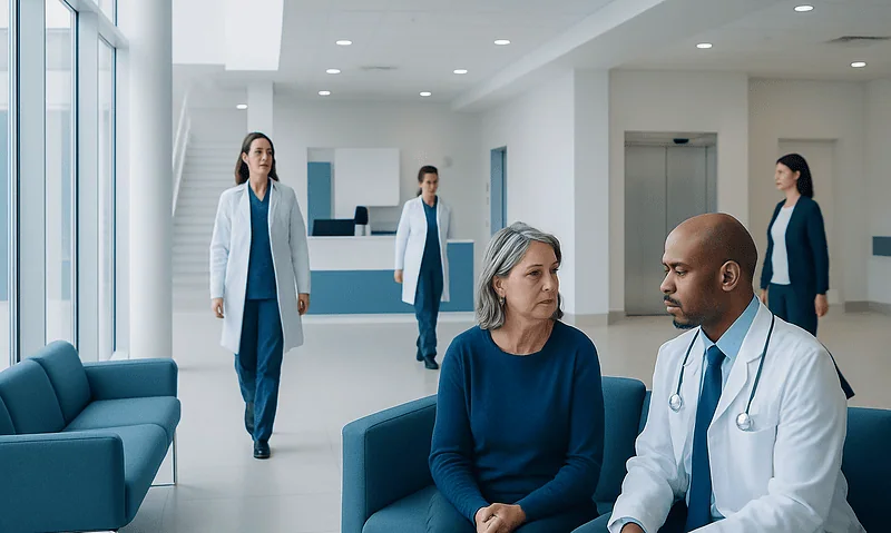 Doctor consulting with a patient in a modern hospital lobby.