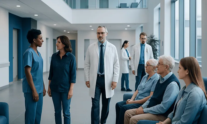 Medical team consulting with elderly patients in hospital lobby.