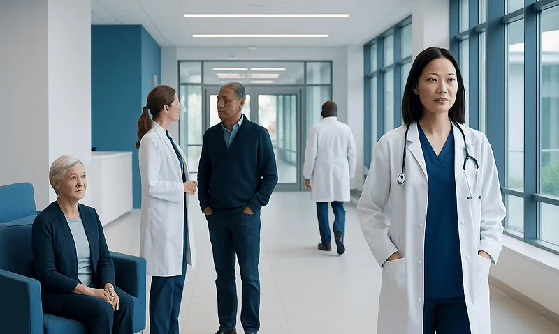 Medical professionals and patient in a modern hospital corridor.
