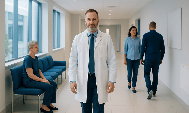 Doctor walking in hospital corridor with patients and staff.