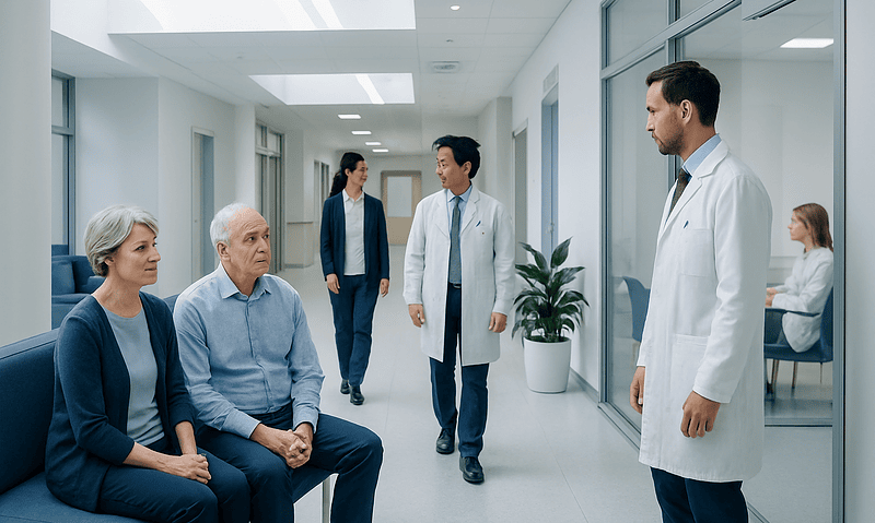 Medical team consulting elderly patients in hospital corridor.