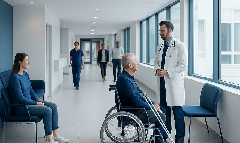 Orthopedic doctor consulting with elderly patient in hospital corridor.