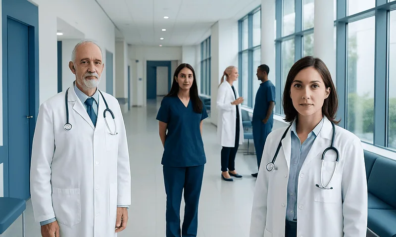 Medical team in hospital corridor with large windows and natural light.