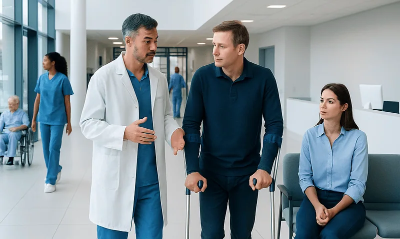 Doctor consulting with patient in hospital corridor with nurse in background.