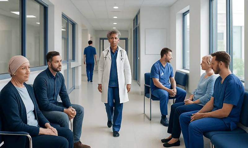 Medical team waiting in hospital corridor for patient consultation.