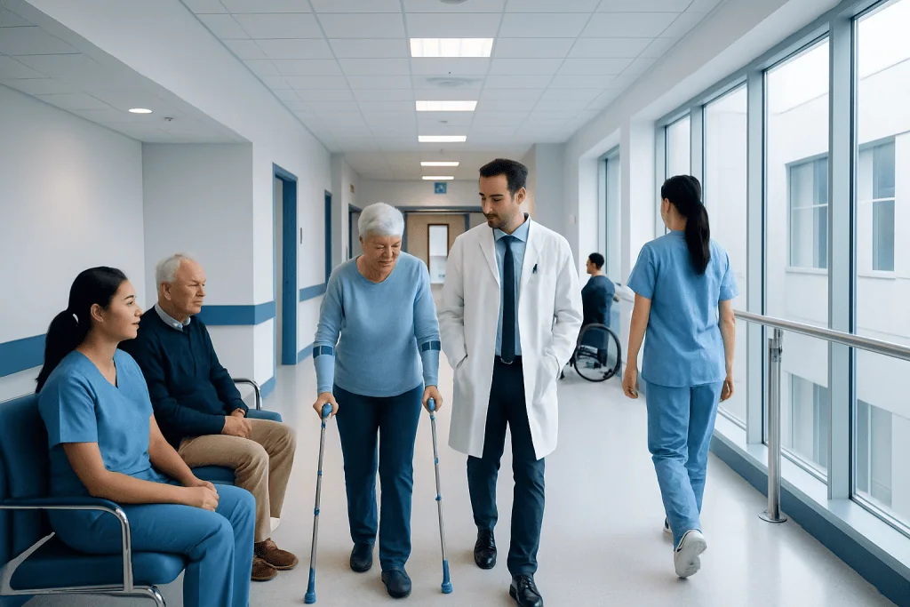 Orthopedic Surgery Risks: Common Complications and How They Are Managed 1 Elderly woman with walker consulting with healthcare professionals in hospital corridor.