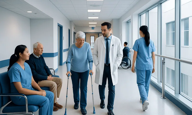 Elderly woman with walker consulting with healthcare professionals in hospital corridor.