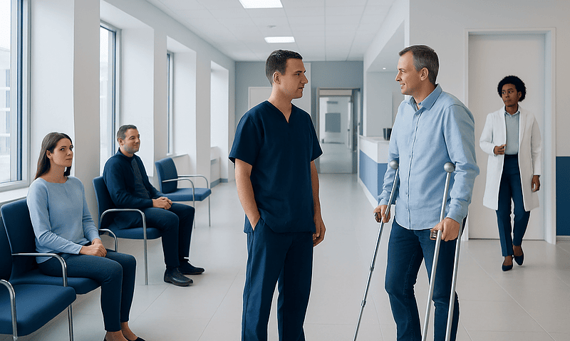 How to Choose the Right Orthopedic Hospital or Surgeon 18 Orthopedic patient with crutches talking to doctor in hospital corridor.