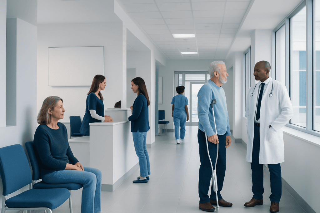 Orthopedic Second Opinion: When It Is Worth Getting One 1 Patients and medical staff in a modern hospital corridor.