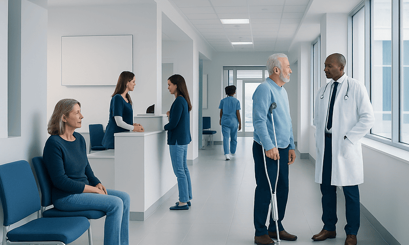 Orthopedic Second Opinion: When It Is Worth Getting One 16 Patients and medical staff in a modern hospital corridor.