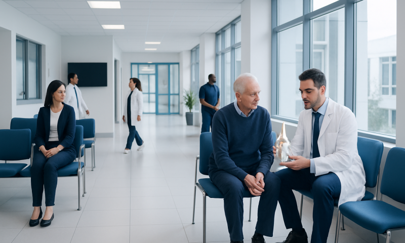 How Orthopedic Conditions Are Diagnosed 11 Doctor explaining joint condition to elderly patient in hospital corridor.