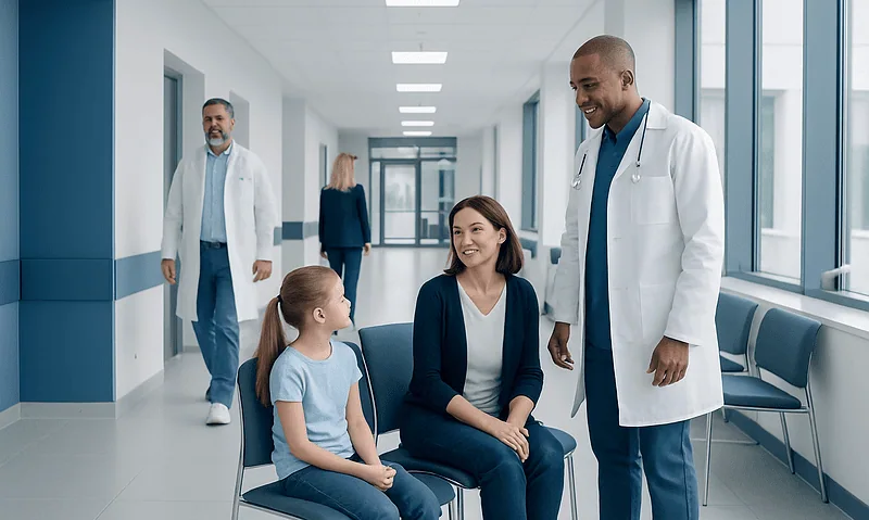 Pediatrician Near Me: What Families Should Look For 8 Pediatrician consulting young girl in hospital corridor at Acibadem Hospitals.
