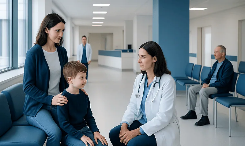 Pediatrician Near Me: How to Choose the Right Doctor 5 Pediatrician consulting with young patient in hospital waiting area.