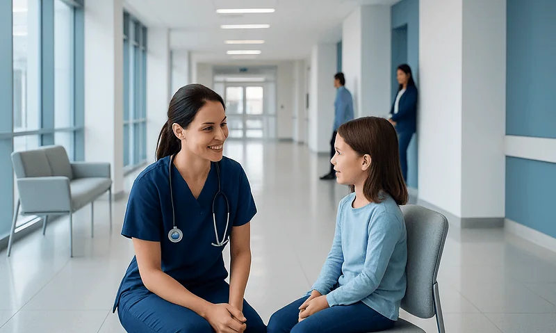 What Does a Pediatric Nurse Do? 3 Pediatric nurse talking to a young girl in a hospital corridor.