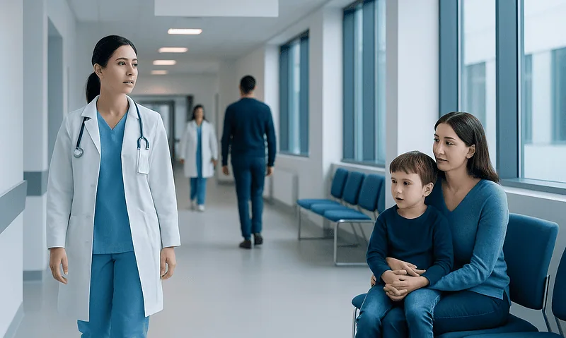 Early Warning Signs That a Child Should See a Doctor 2 Doctor consulting with young boy and mother in hospital corridor.