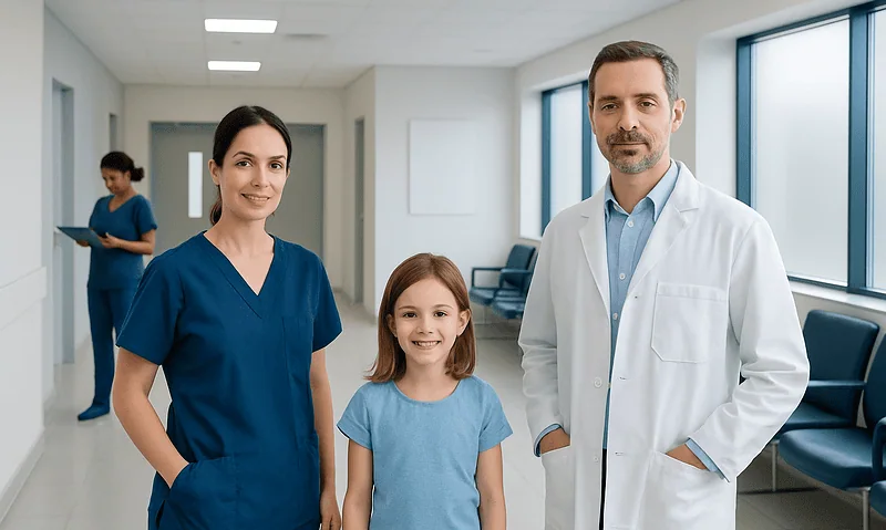 Pediatric Dentist vs General Dentist: What’s the Difference? 1 Friendly pediatric dentist with young patient and doctor in hospital corridor.