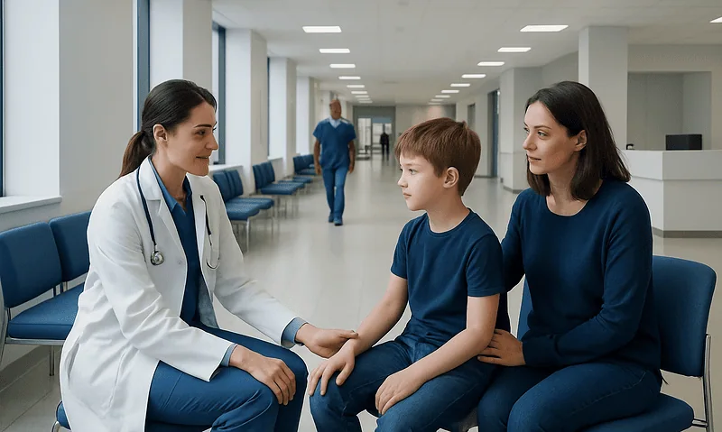 How to Prepare a Child for a Medical Test or Procedure 18 Doctor talking to a young boy and his mother in a hospital corridor.