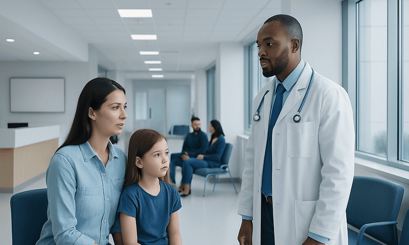 When to Get a Second Opinion for Your Child 16 Doctor consulting mother and daughter in hospital corridor.