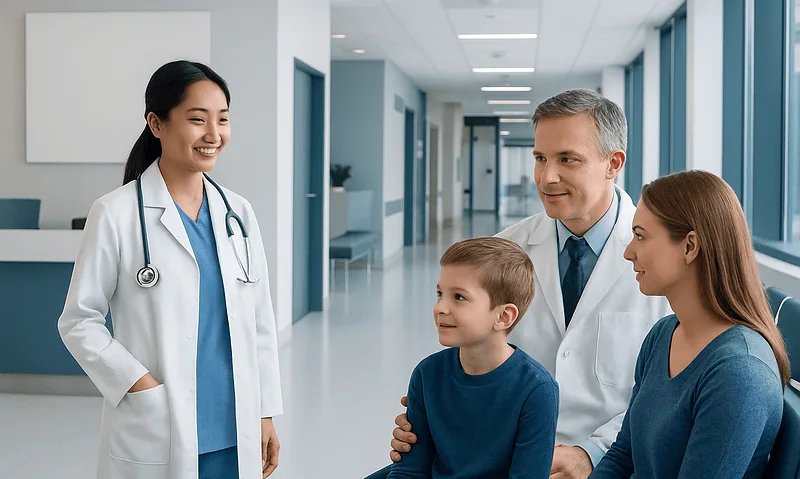 Pediatrician vs Family Doctor for Children: Which Is Better? 8 Pediatrician consulting with a family in a hospital corridor.
