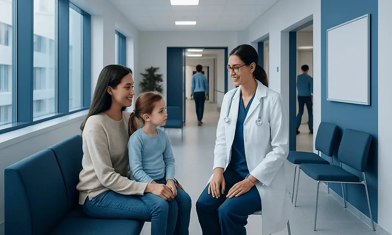 What to Expect at a Child’s First Pediatric Visit 6 Pediatrician talking to mother and daughter in hospital corridor.