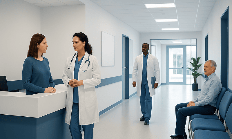 Hospital corridor with medical staff and patient in waiting area.