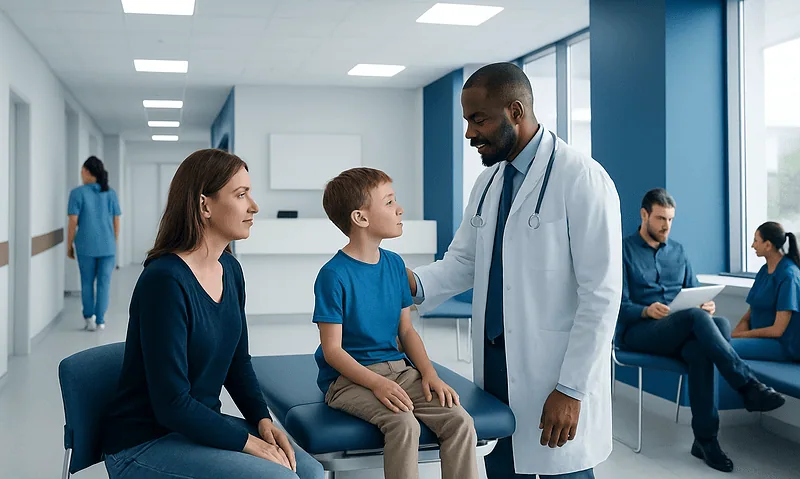 When Should a Child See a Pediatrician? Warning Signs Parents Should Know 5 Pediatrician consulting with a young boy and his mother in a hospital waiting area.