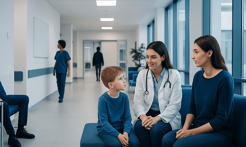 How Pediatric Conditions Are Diagnosed: Tests, Examinations, and Referrals 4 Pediatric consultation at Acibadem Hospital with doctor and young patient.