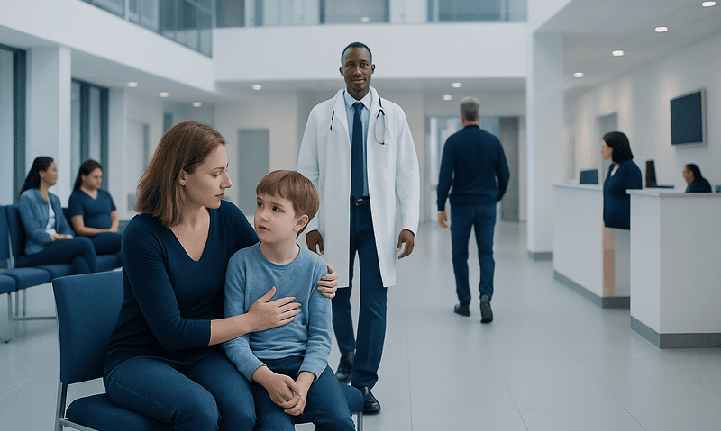 How to Prepare a Child for a Doctor Visit: Tips for Parents 2 Child and mother waiting in hospital lobby with doctor nearby.