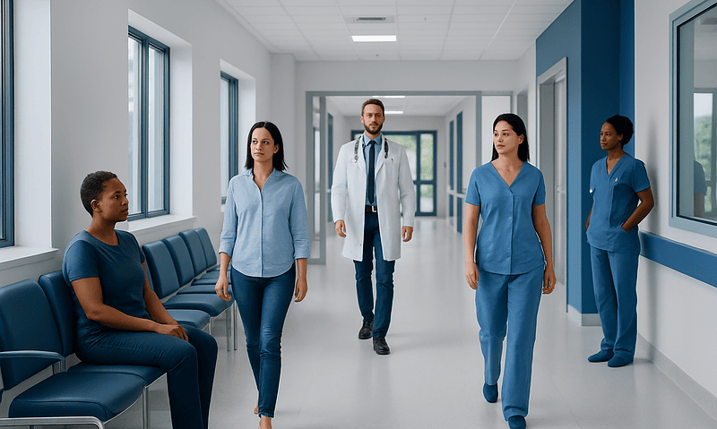 Medical team consulting with patient in hospital corridor.