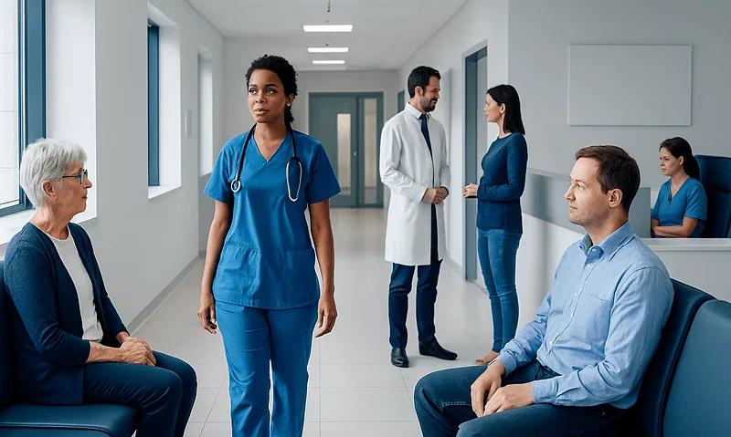 Healthcare professionals and patients in a hospital corridor.