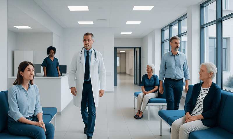 Medical consultation in a modern hospital waiting area with diverse patients.
