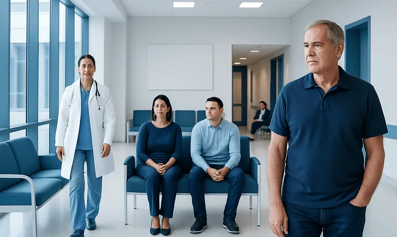 Doctor and patients in a hospital waiting area.