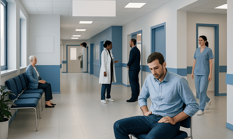 Patient waiting in hospital corridor with medical staff nearby.