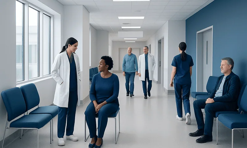Healthcare professionals and patients in a hospital corridor.