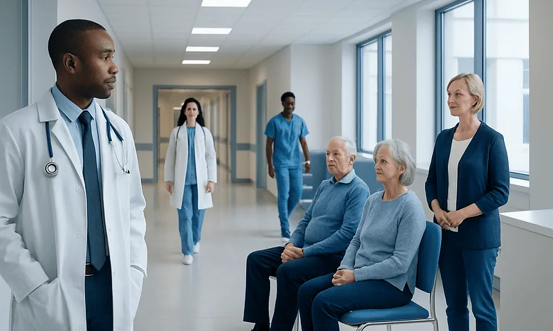 Medical team consulting elderly patients in hospital corridor.