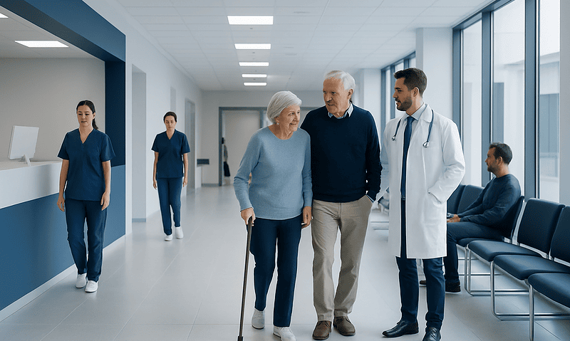 Elderly woman with cane talking to doctor and caregiver in hospital corridor.