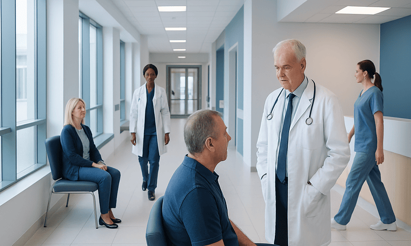 Doctor consulting patient in hospital corridor with medical staff nearby.